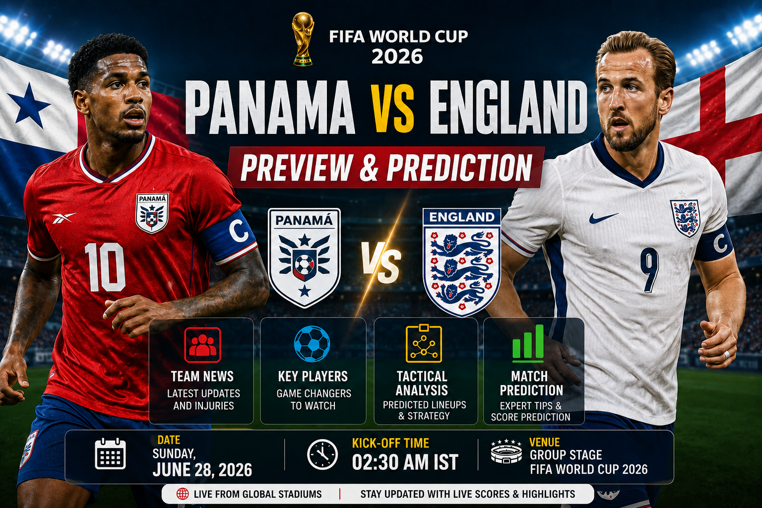 England and Panama players competing intensely on the pitch during a FIFA World Cup 2026 group stage match at MetLife Stadium.