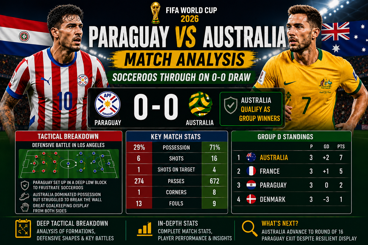Australia and Paraguay players competing for an aerial ball during their tense FIFA World Cup 2026 group stage match.