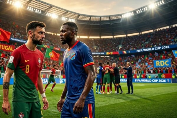 Portugal and DR Congo players during pre-match preparations ahead of a FIFA World Cup 2026 Group K clash in a packed stadium with fans and floodlights.