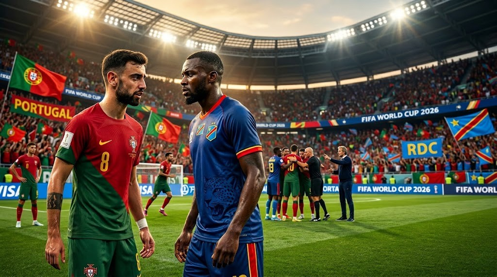 Portugal and DR Congo players during pre-match preparations ahead of a FIFA World Cup 2026 Group K clash in a packed stadium with fans and floodlights.