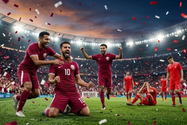 Qatar and Switzerland players during a FIFA World Cup 2026 Group B match, with Qatar celebrating after securing a historic 1-1 draw in a packed stadium.