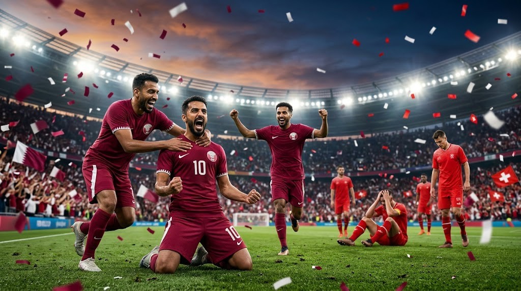 Qatar and Switzerland players during a FIFA World Cup 2026 Group B match, with Qatar celebrating after securing a historic 1-1 draw in a packed stadium.