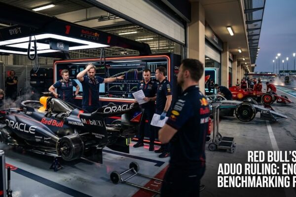 Red Bull F1 car in pit garage with engineers reviewing data monitors.