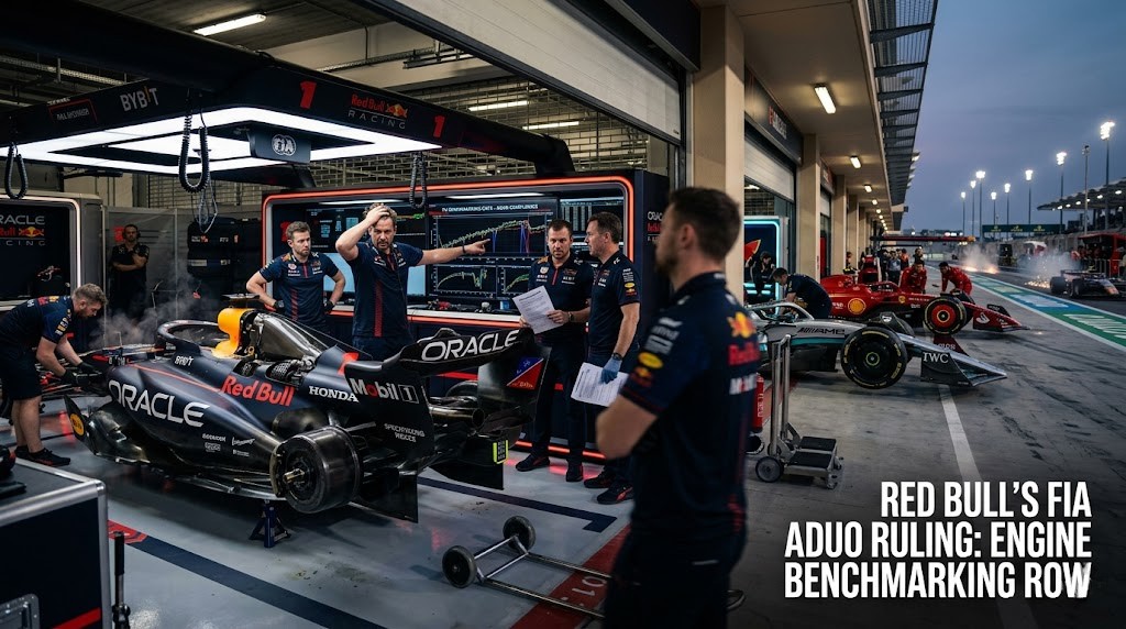 Red Bull F1 car in pit garage with engineers reviewing data monitors.