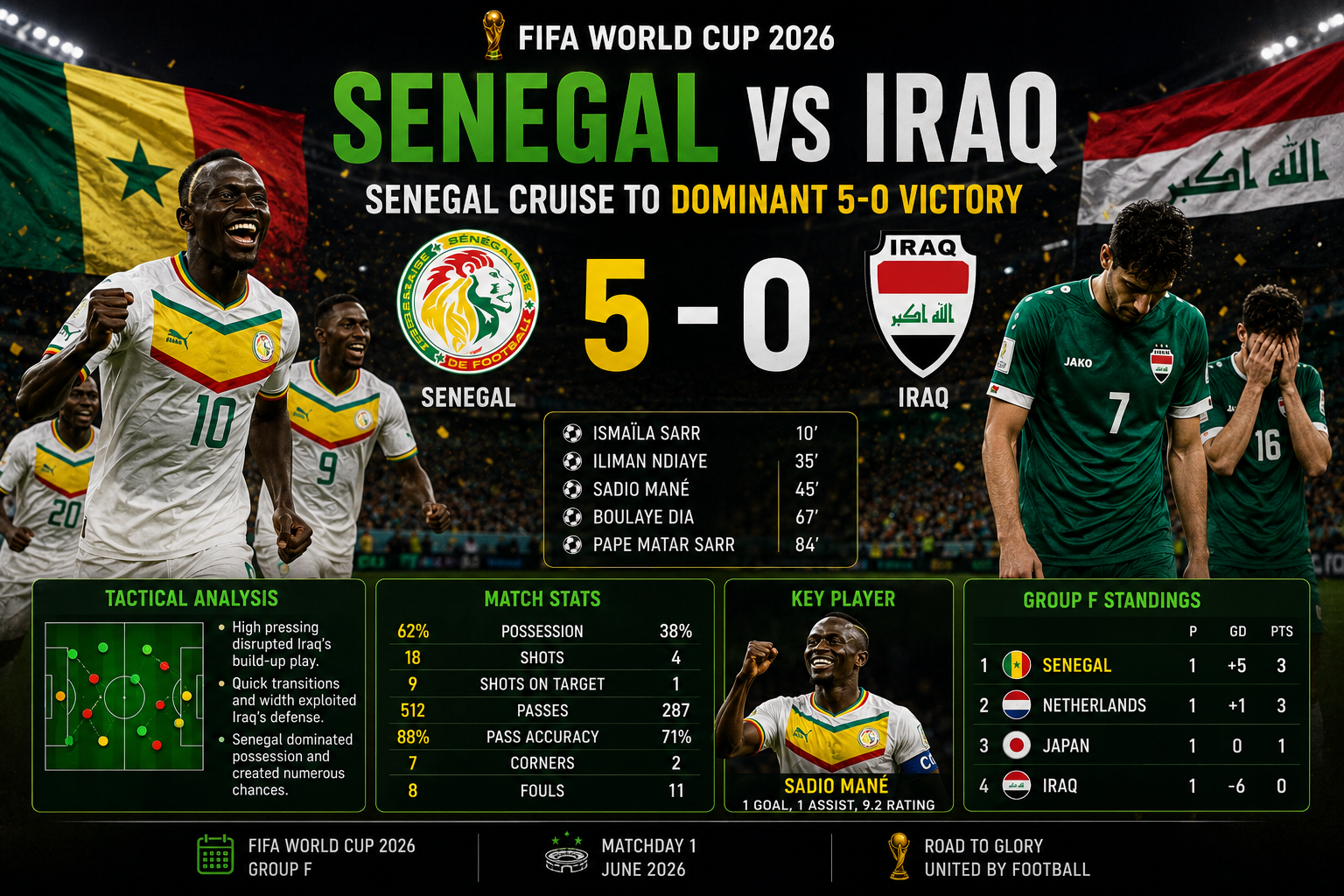 Ismaïla Sarr and Sadio Mané of Senegal celebrating during their 5-0 victory over Iraq.
