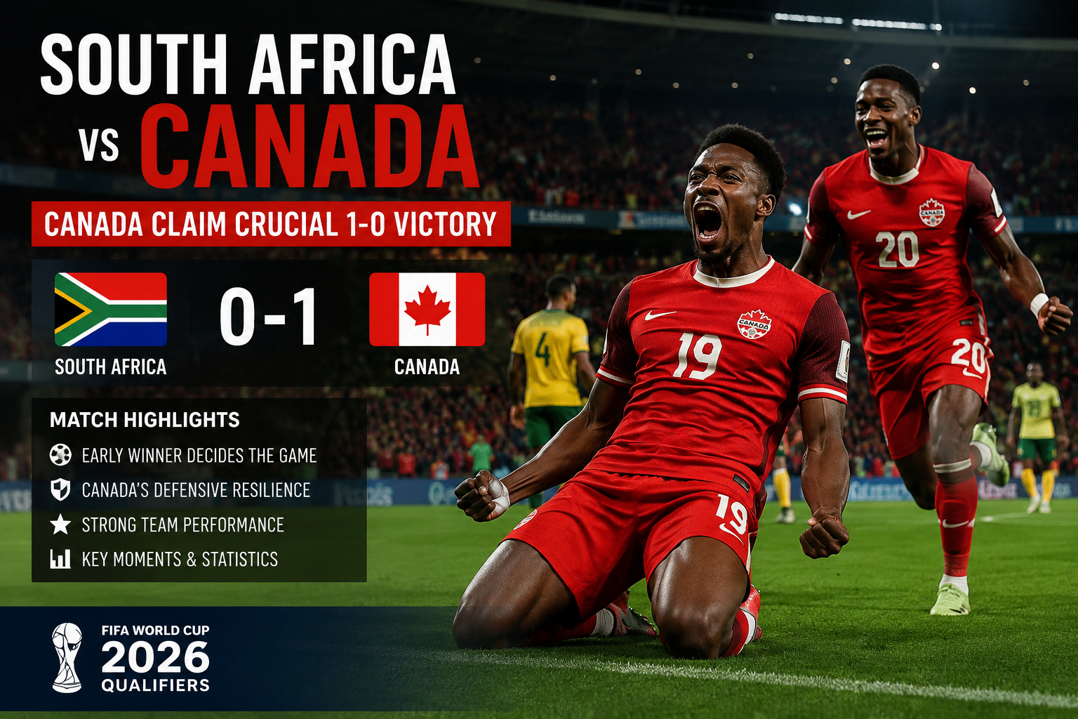 Canada players celebrate after defeating South Africa 1-0 during a FIFA World Cup 2026 match.
