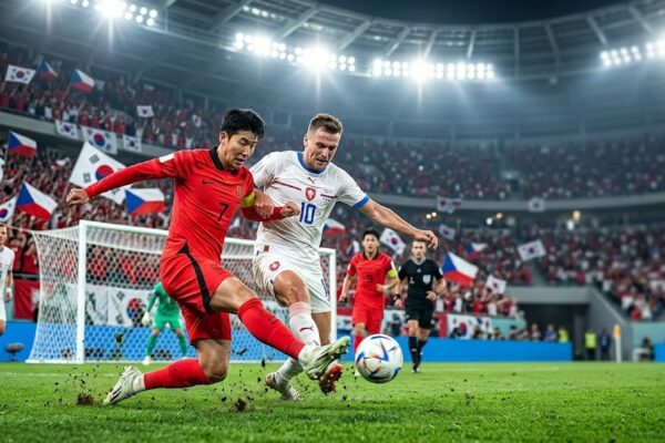South Korean and Czechia football players competing for the ball during an intense FIFA World Cup match in a packed, brightly lit stadium.