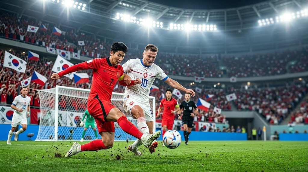 South Korean and Czechia football players competing for the ball during an intense FIFA World Cup match in a packed, brightly lit stadium.