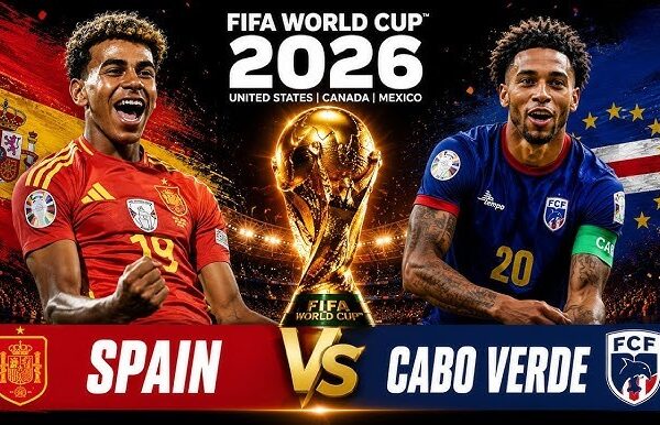 Cabo Verde players celebrating after holding Spain to a 0-0 draw during their FIFA World Cup 2026 Group H match in a packed stadium with floodlights and fans.