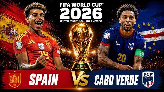 Cabo Verde players celebrating after holding Spain to a 0-0 draw during their FIFA World Cup 2026 Group H match in a packed stadium with floodlights and fans.