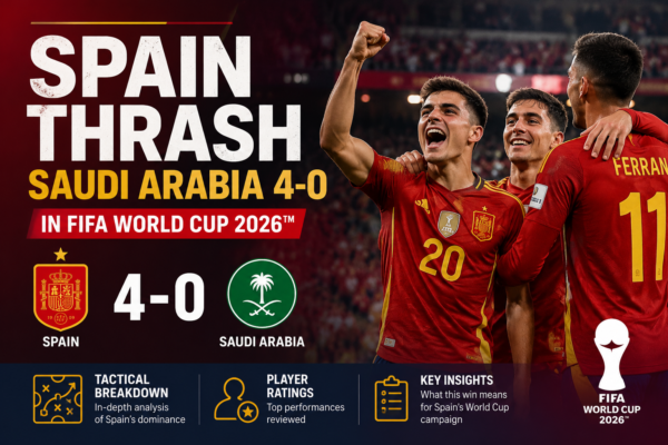 Spain players celebrate during their 4-0 victory over Saudi Arabia in the FIFA World Cup 2026 group stage match.