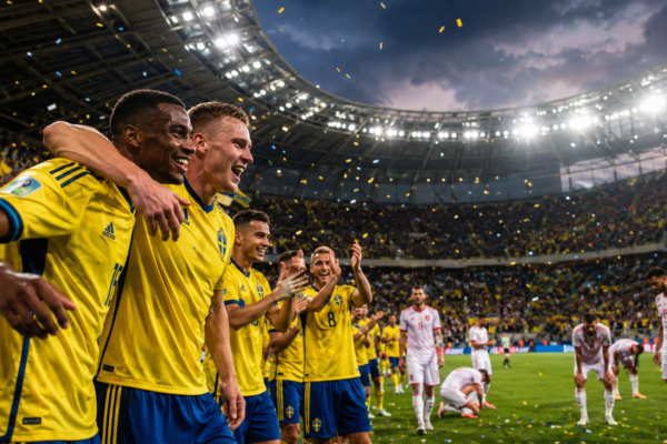 Sweden players celebrating after defeating Tunisia 5-1 during a FIFA World Cup 2026 Group F match in a packed stadium with fans and floodlights.