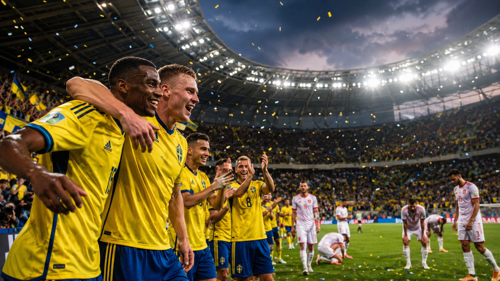 Sweden players celebrating after defeating Tunisia 5-1 during a FIFA World Cup 2026 Group F match in a packed stadium with fans and floodlights.