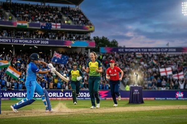 Women cricketers from leading teams including India, Australia, and England competing during the ICC Women's T20 World Cup 2026 with the championship trophy and packed stadium atmosphere.
