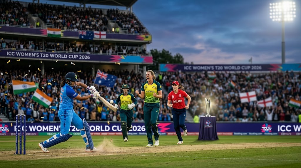 Women cricketers from leading teams including India, Australia, and England competing during the ICC Women's T20 World Cup 2026 with the championship trophy and packed stadium atmosphere.