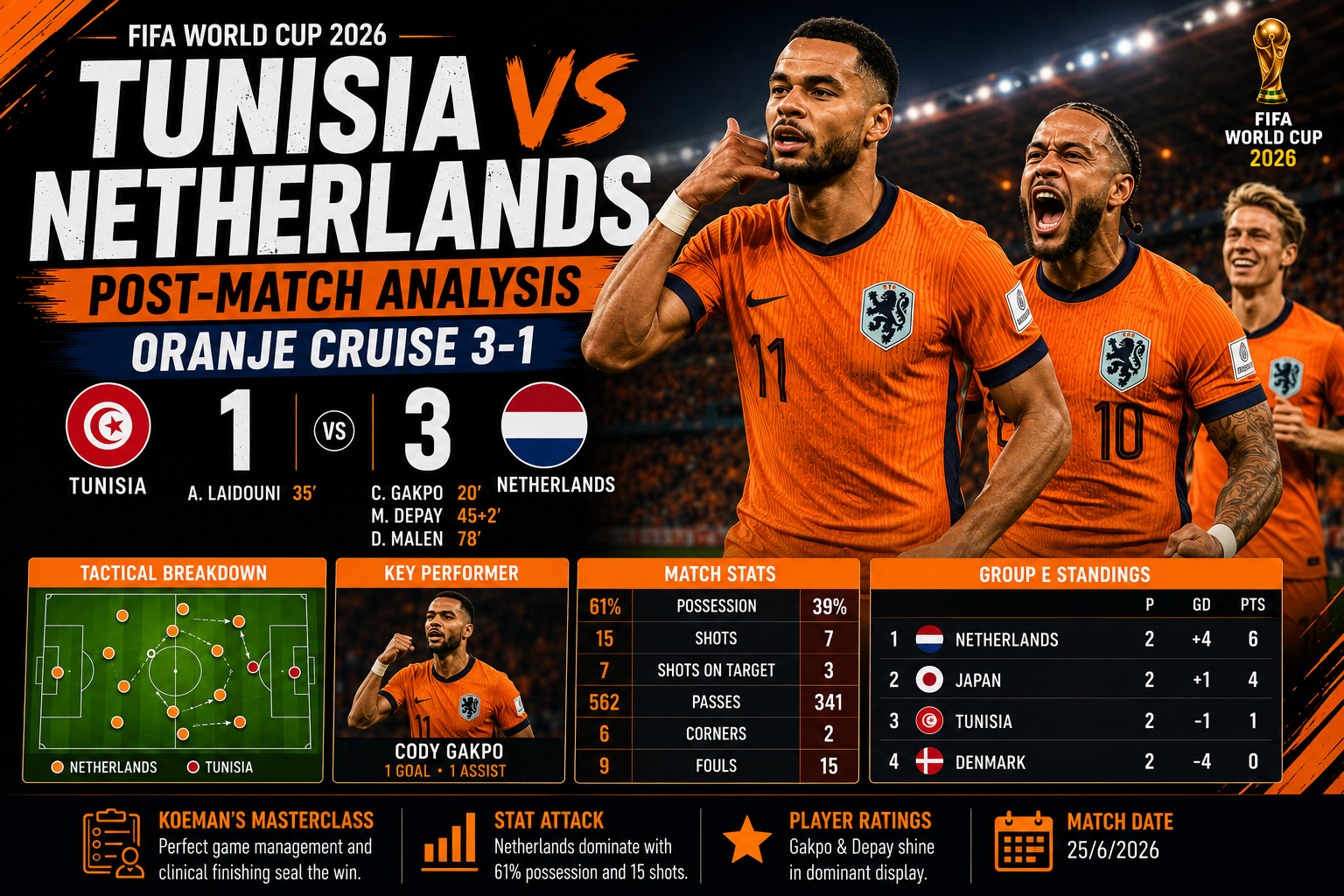 Netherlands national football team players embracing and celebrating a goal against Tunisia during the 2026 FIFA World Cup.