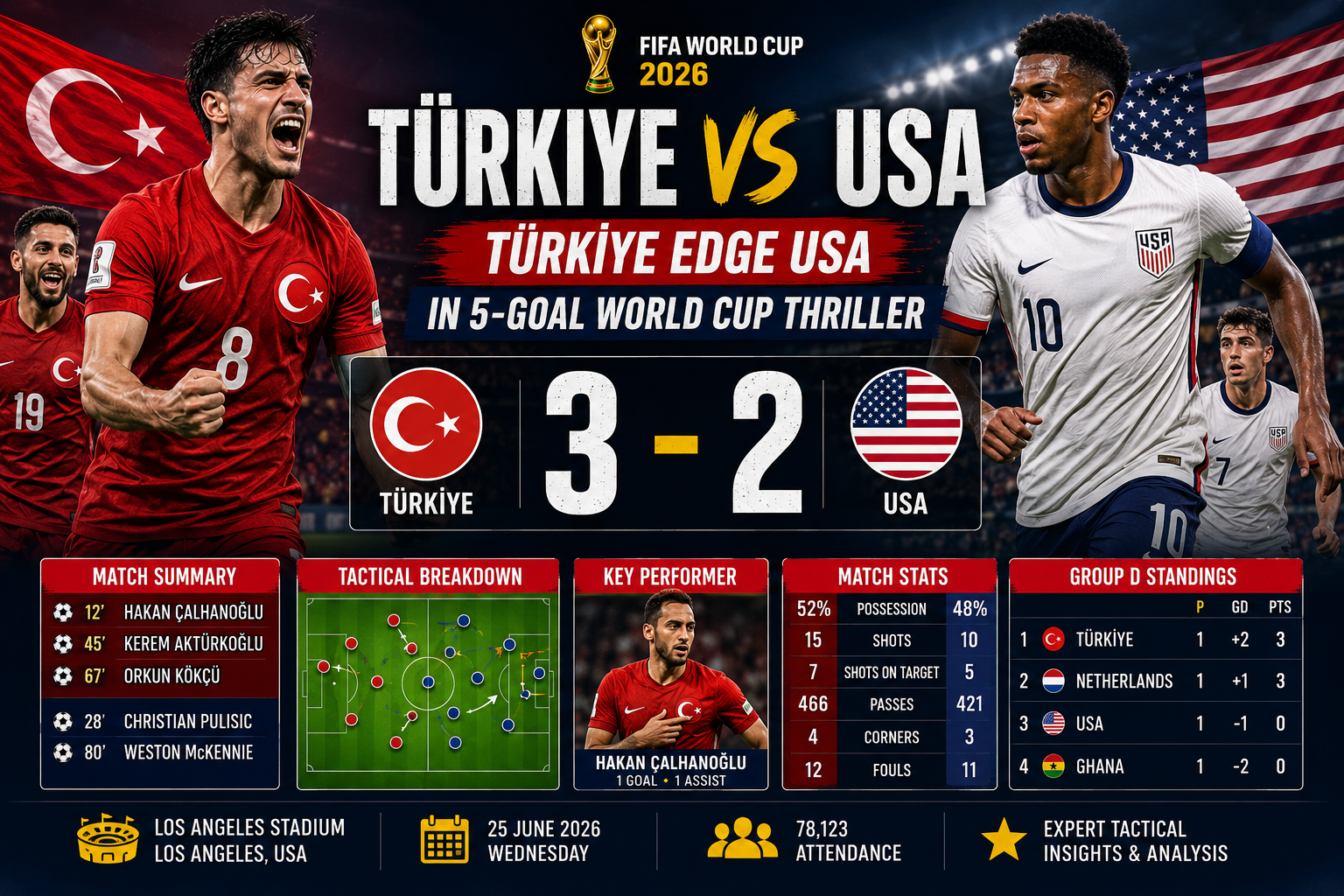 Arda Güler and Türkiye players celebrate Kaan Ayhan’s dramatic 98th-minute winning goal against the USA at Los Angeles Stadium.