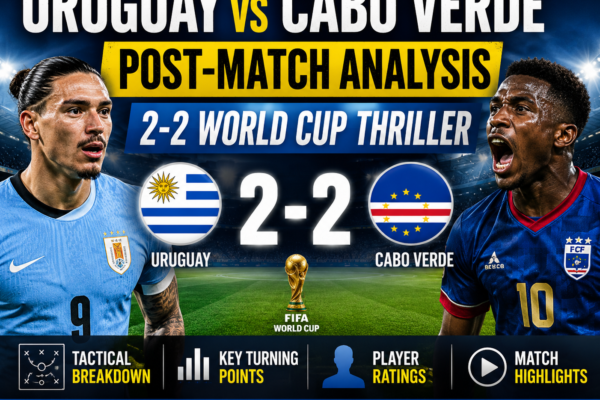 Uruguay and Cabo Verde players after their dramatic 2-2 draw during the FIFA World Cup 2026 match at Hard Rock Stadium in Miami.