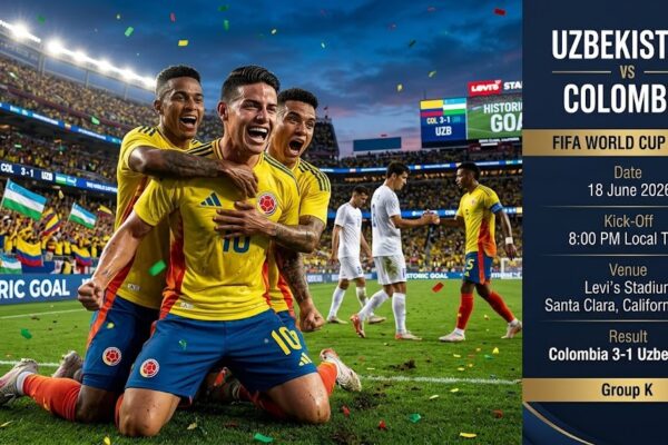 Colombia players celebrating after defeating Uzbekistan 3-1 during the FIFA World Cup 2026 Group K match at Levi's Stadium in Santa Clara, California.