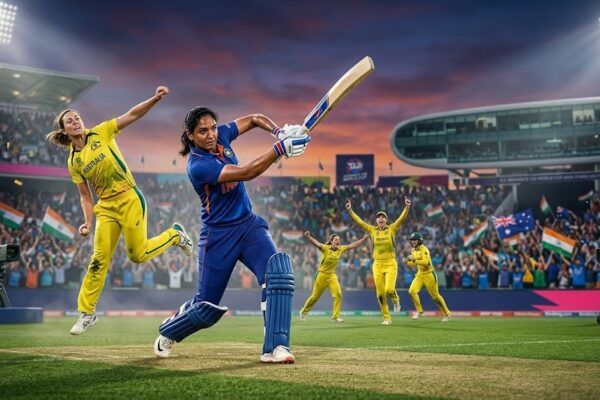 An exciting, dramatic action shot from a Women's T20 World Cup cricket match between India and Australia in a packed stadium.