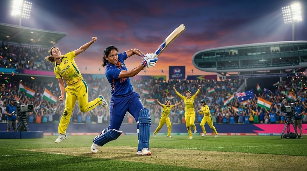 An exciting, dramatic action shot from a Women's T20 World Cup cricket match between India and Australia in a packed stadium.