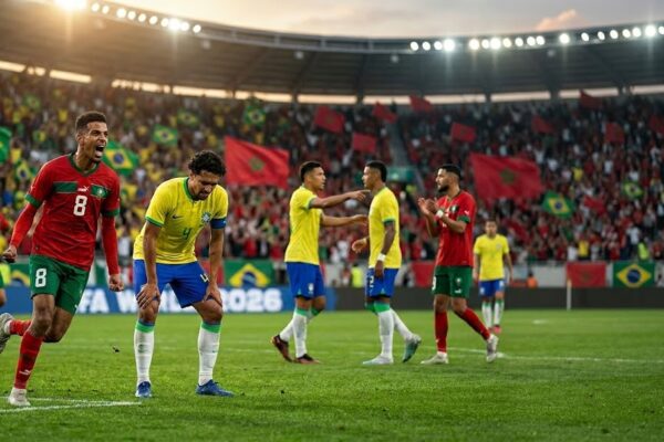 Brazil and Morocco players competing in a FIFA World Cup 2026 match with fans, floodlights, and a vibrant stadium atmosphere in the background.