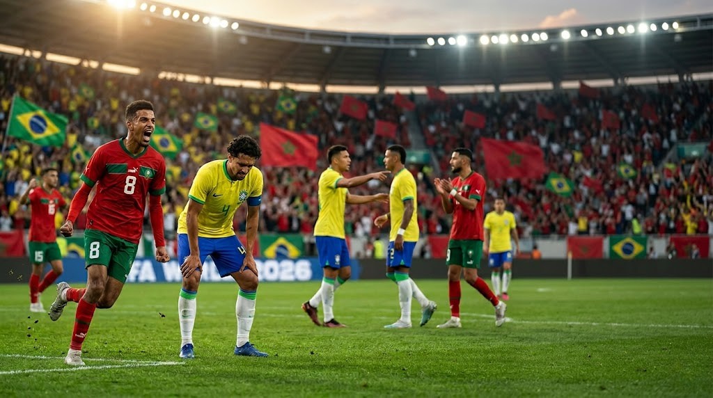 Brazil and Morocco players competing in a FIFA World Cup 2026 match with fans, floodlights, and a vibrant stadium atmosphere in the background.