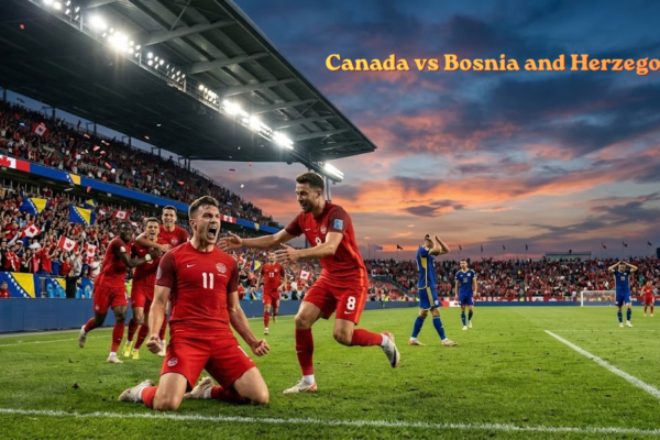 Canadian soccer players in red jerseys passionately celebrate a dramatic goal on the pitch, while Bosnian players in blue stand disappointed in the background of a packed stadium at sunset.