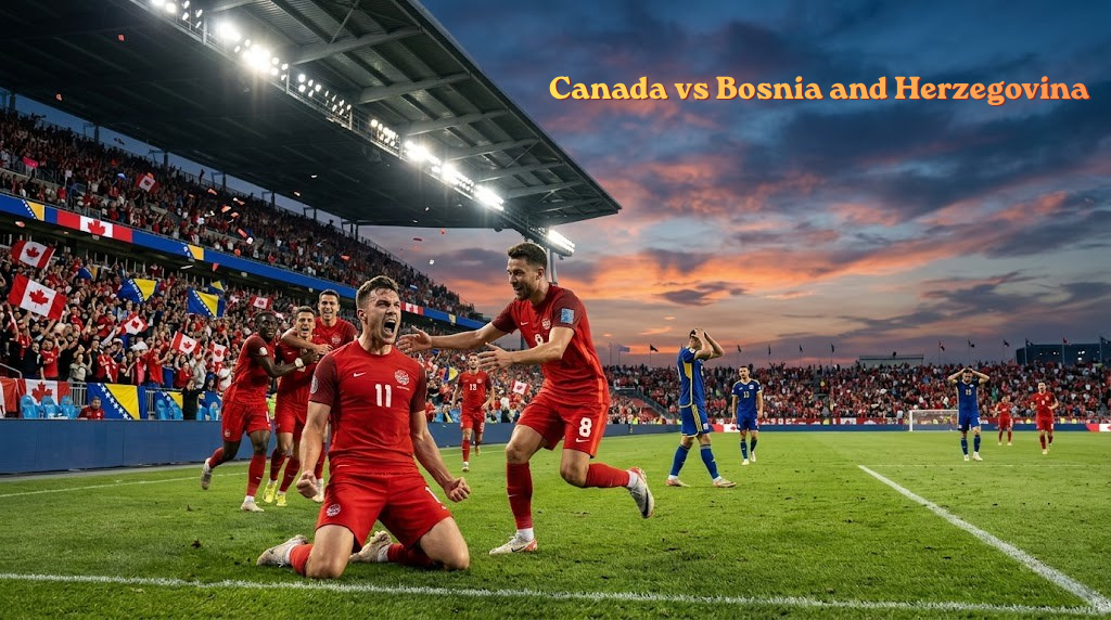 Canadian soccer players in red jerseys passionately celebrate a dramatic goal on the pitch, while Bosnian players in blue stand disappointed in the background of a packed stadium at sunset.