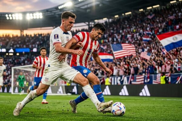 USA vs Paraguay players battling for the ball during FIFA World Cup 2026 match in a packed stadium