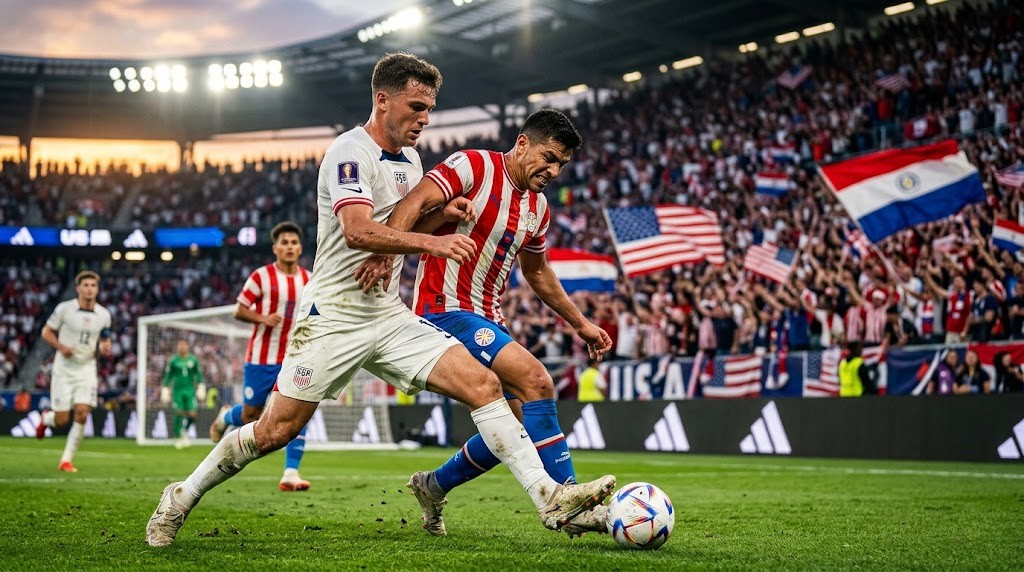 USA vs Paraguay players battling for the ball during FIFA World Cup 2026 match in a packed stadium