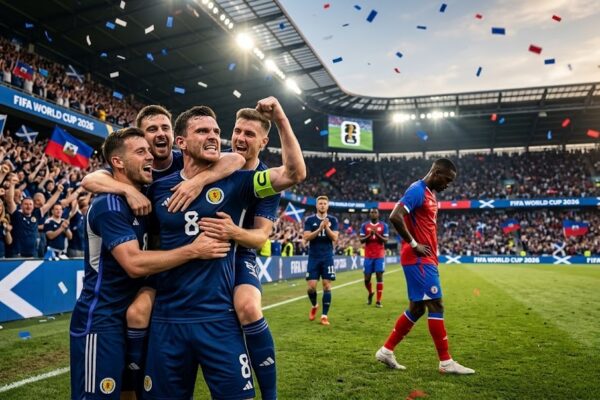 Scotland players celebrating after defeating Haiti 1-0 during a FIFA World Cup 2026 Group C match in a packed stadium with fans and floodlights.