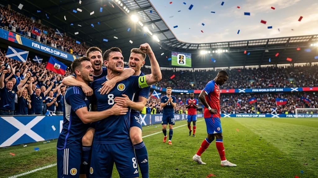 Scotland players celebrating after defeating Haiti 1-0 during a FIFA World Cup 2026 Group C match in a packed stadium with fans and floodlights.