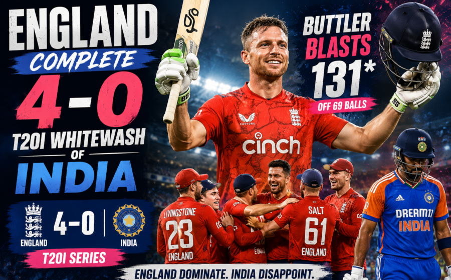 England complete a 4-0 T20I series whitewash of India with Jos Buttler blasting a stunning 131 to seal a dominant and historic series victory against India in the T20I series 2026.