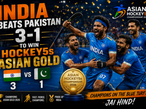 Indian hockey players celebrating with the championship trophy after defeating Pakistan 3-1.