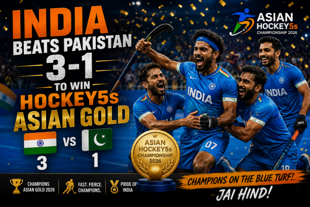 Indian hockey players celebrating with the championship trophy after defeating Pakistan 3-1.