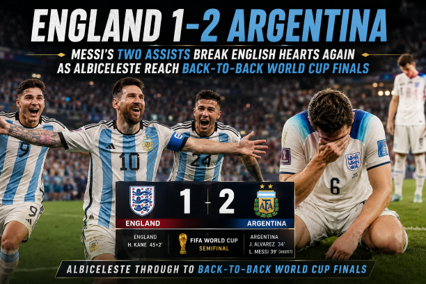 Argentina beat England 2-1 in FIFA World Cup 2026 semifinal with Lionel Messi providing two assists to break English hearts and send Albiceleste into back to back World Cup finals.
