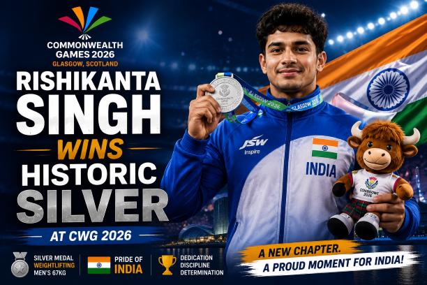 Indian weightlifter Rishikanta Singh celebrating his silver medal on the podium at Glasgow 2026.