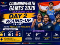 Commonwealth Games 2026 Day 2 roundup graphic covering India's medals and highlights from July 24 at the Glasgow 2026 multi-sport games in Scotland.