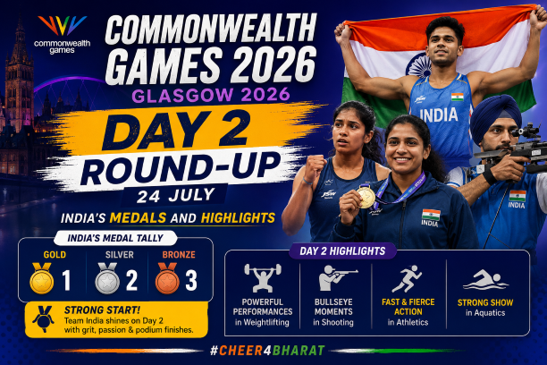 Commonwealth Games 2026 Day 2 roundup graphic covering India's medals and highlights from July 24 at the Glasgow 2026 multi-sport games in Scotland.