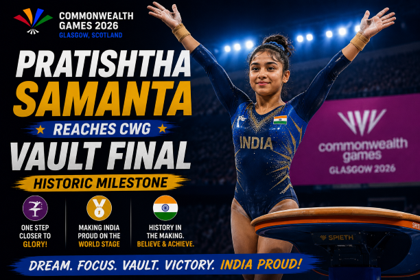 Indian gymnast Pratishtha Samanta competing on the vault apparatus at the Commonwealth Games 2026.