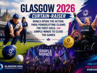 Glasgow 2026 Commonwealth Games curtain raiser graphic featuring lawn bowls opening the action para powerlifting claiming the first gold medal and Simple Minds announced to close the games in Scotland.