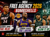 NBA Free Agency 2026 bombshells graphic featuring Giannis Antetokounmpo joining the Miami Heat LeBron James leaving the Los Angeles Lakers and the Boston Celtics blowing up their roster in a seismic offseason.