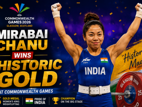 Mirabai Chanu celebrating with her gold medal on the podium at the Commonwealth Games.