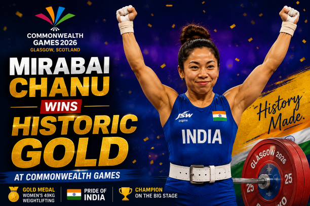 Mirabai Chanu celebrating with her gold medal on the podium at the Commonwealth Games.