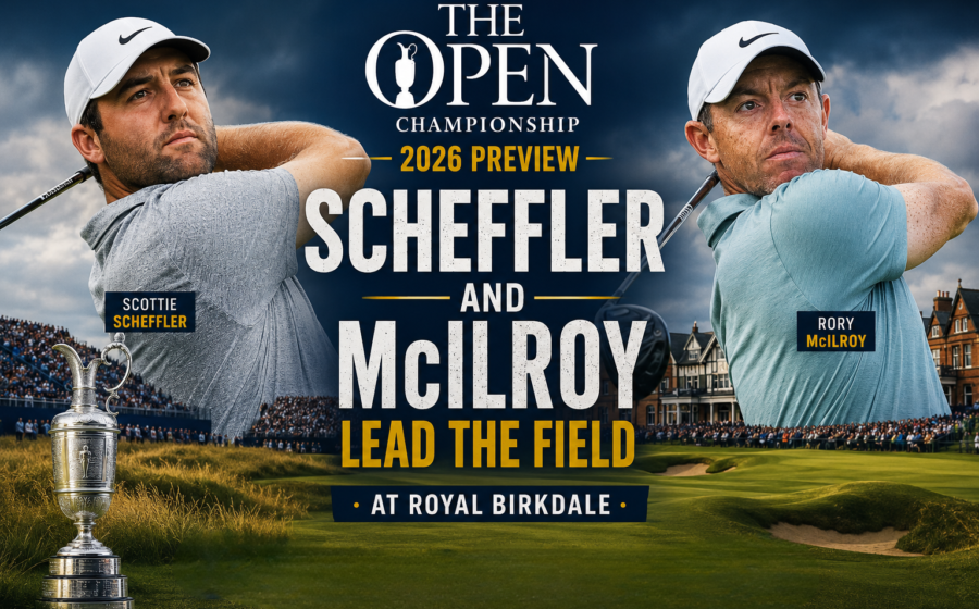 The Open Championship 2026 preview graphic featuring Scottie Scheffler and Rory McIlroy leading the field at Royal Birkdale in the prestigious major golf tournament 2026.