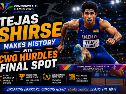 Indian hurdler Tejas Shirse competing on the track at the Commonwealth Games 2026.