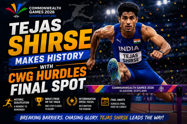 Indian hurdler Tejas Shirse competing on the track at the Commonwealth Games 2026.