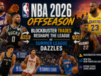 NBA 2026 offseason graphic featuring blockbuster trades reshaping the league while Summer League action dazzles with top prospects and new roster combinations taking shape.