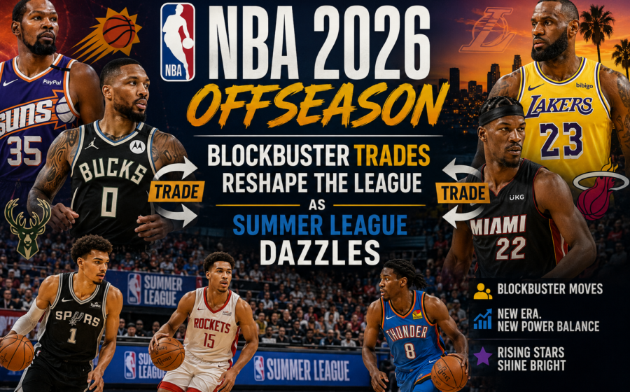 NBA 2026 offseason graphic featuring blockbuster trades reshaping the league while Summer League action dazzles with top prospects and new roster combinations taking shape.